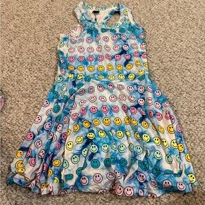Girls Blue Tie-Dye Smiley Tank Dress - Multicolor Smiley Print